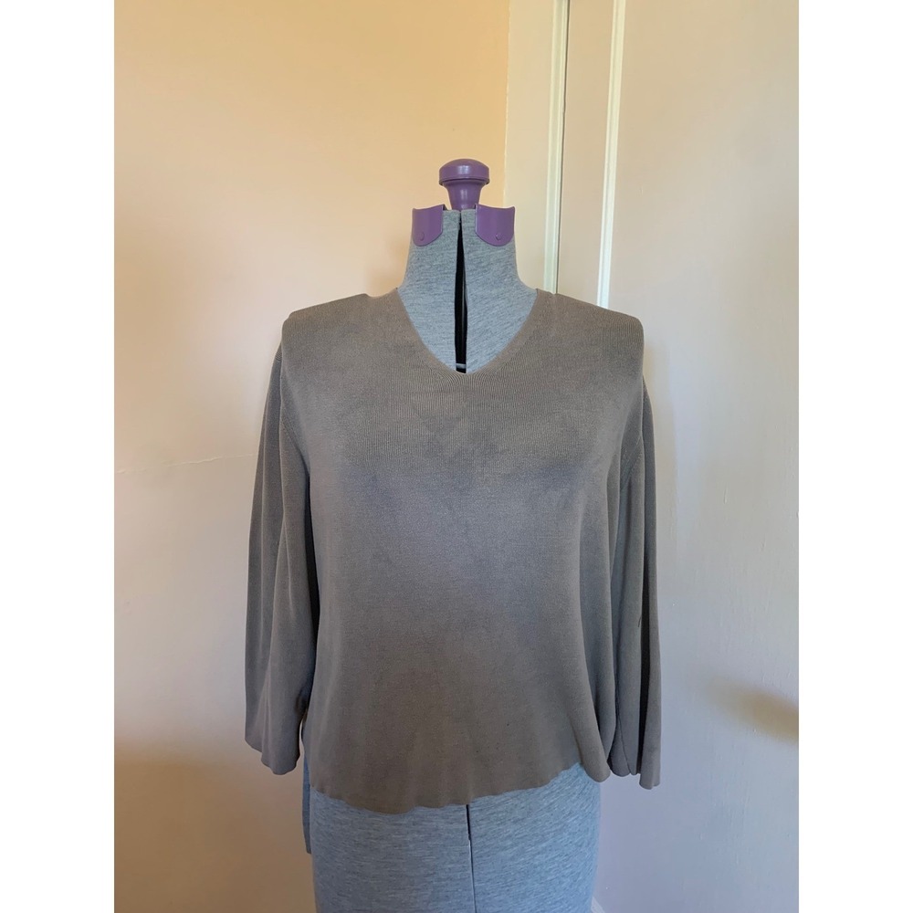 Liz Claiborne Collection XL V-Neck Silk Blend Sweater Taupe Brown 3/4 Sleeve